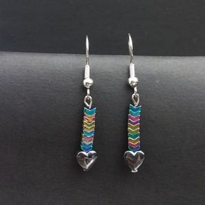 Hematite Earrings - Heart and Chevron silver tone